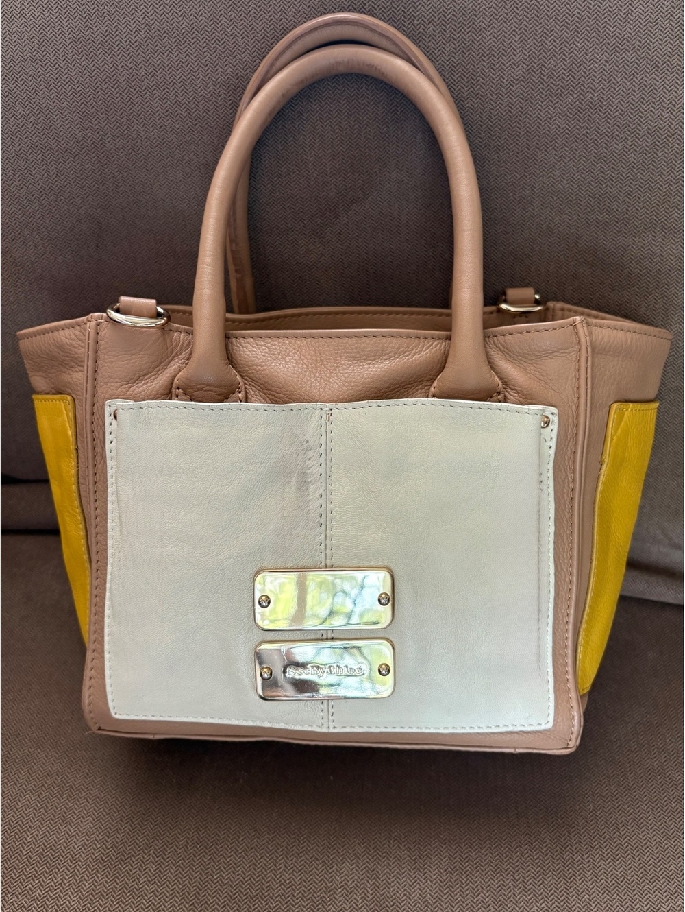 See by Chloé Nellie Colorblock Leather Satchel Tote Crossbody Beige Yello
